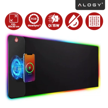 Herná podložka Alogy QiGlow Pro s RGB LED osvetlením pre myš, klávesnicu a Qi nabíjačku pre telefóny. Protišmyková ochranná herná podložka XL 80x30 cm čierna.