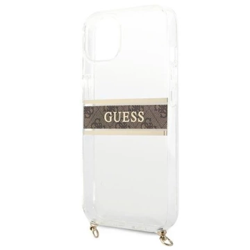 Guess GUHCP13SKC4GBGO iPhone 13 mini 5,4" priehľadné pevné puzdro 4G hnedý remienok zlatá retiazka