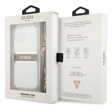 Guess GUHCP13SKC4GBGO iPhone 13 mini 5,4" priehľadné pevné puzdro 4G hnedý remienok zlatá retiazka