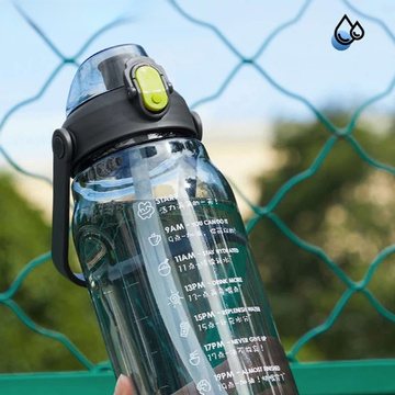 Motivational drinking water bottle with a straw, 1.5l, reminder, motivational measuring cup, handle, black