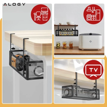 Cable organizer under the table top, cable shelf, wires, strip, metal desk, Alogy 34cm Black