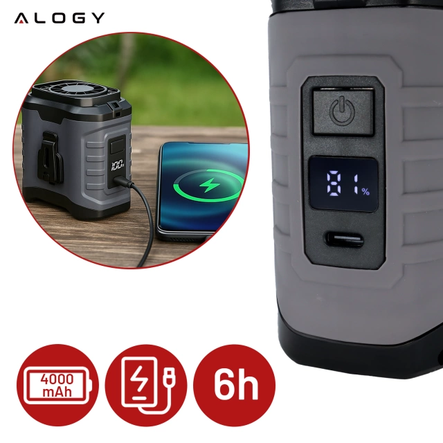 Ventilátor s klipom na opasok, batéria 4000 mAh, 5 rýchlostných stupňov, výdrž batérie 8 – 40 hodín, nabíjanie cez USB, na použitie na stavbách, vonku, na turistiku, na letné práce, powerbanka