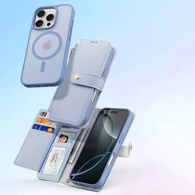 Dux Ducis Lawa iPhone 16 Pro Lederhülle mit blauem MagSafe Wallet