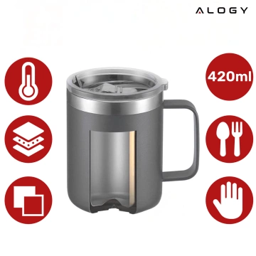 Thermobecher 420 ml mit Henkel und Deckel für Kaffee, Tee, Stahl, Kalt- und Heißgetränke Alogy Grey