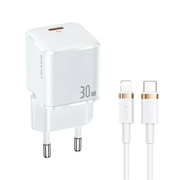 USAMS Wall charger 1x USB-C T45 30W PD3.0 Fast Charging cable U63 USB-C/Lightning white/white UXTZH02 (USAMS-UX)