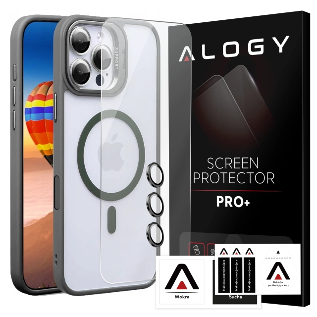 Etui hybrydowe ochronne do Apple iPhone 16 Pro Alogy KickStand Hybrid Case z podpórką do MagSafe Szare + Szkło hartowane