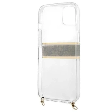 Guess GUHCP13SKC4GBGO iPhone 13 mini 5,4" priehľadné pevné puzdro 4G hnedý remienok zlatá retiazka
