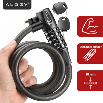 Bike lock, bike lock, strong cable, 120 cm, Alogy bike lock, code, key, black