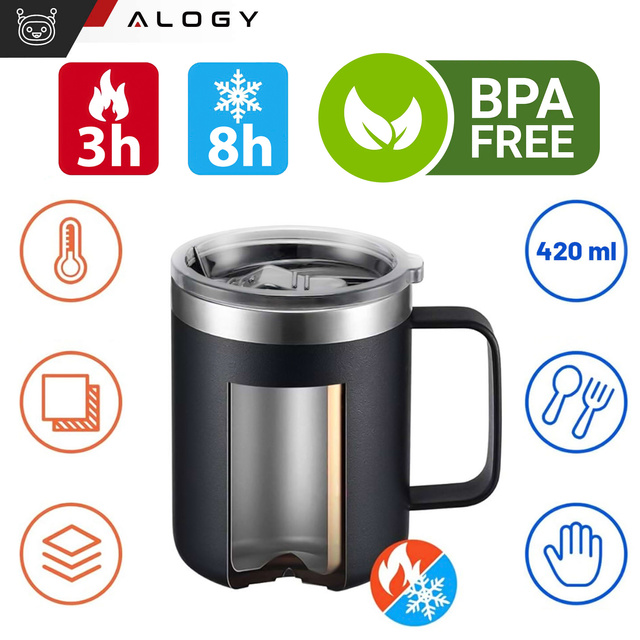 Thermal mug 420ml with handle lid for coffee tea steel cold and warm drinks Alogy Black Washing brush