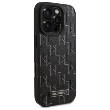 Karl Lagerfeld Hülle für iPhone 16 Pro Max 6,9" MagSafe Hardcase Schwarzes Leder Monogramm Metall Logo