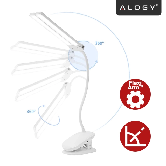 Lampka biurkowa nocna LED – akumulator 4000 mAh, podwójne oświetlenie, elastyczne ramię, klips z regulacją, idealna do biurka i łóżka – Alogy SmartClip™ Light Biała