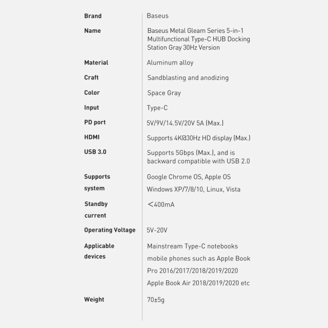 Baseus Metal Gleam Series multifunkčný USB HUB 5v1 USB Type C PD 100W HDMI šedý (WKWG020013)