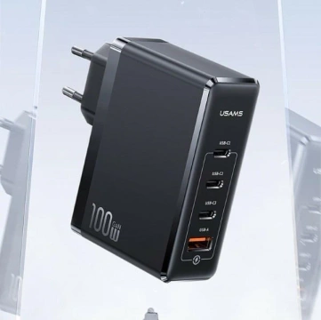 USAMS Nástenná nabíjačka 3xUSB-C 1xUSB GaN 100W T50 PD (iba hlava) Rýchle nabíjanie čierna/čierna CC163TC01 (US-CC163)