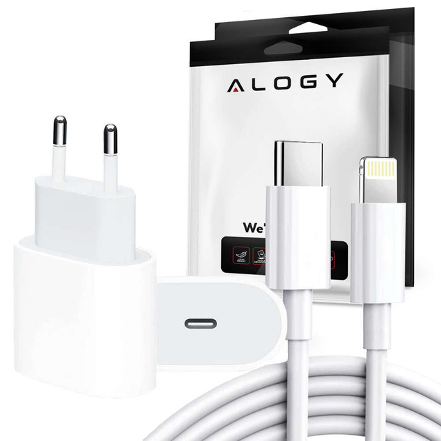 Ładowarka sieciowa Alogy szybka USB-C PD 20W + Kabel Lightning 1m Biały + Etui