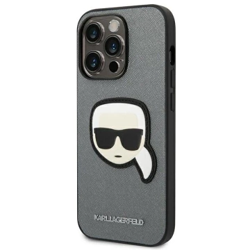 Etui Karl Lagerfeld KLHCP14XSAPKHG na iPhone 14 Pro Max 6,7' pevný obal Saffiano Karl`s Head Patch srebrny/strieborný