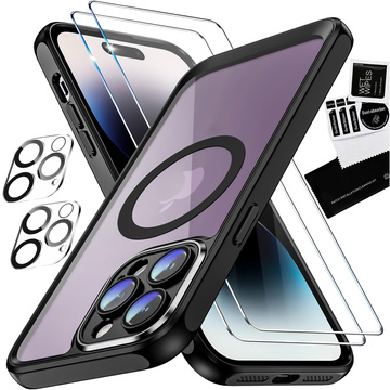Hülle für iPhone 15 Pro Gehäuse Case 2x Bildschirmglas und 2x Linsenring gepanzert Alogy 360 Hybrid Set 6in1 schwarz und transparent
