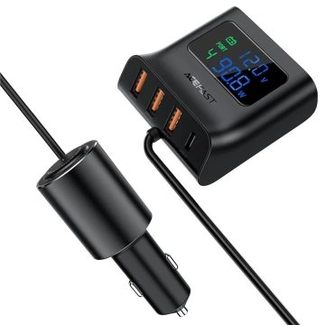 Автомобільний зарядний пристрій Acefast 90W USB Type C / 3x USB / гніздо прикурювача, PPS, PD3.0, QC3.0, AFC, FCP зарядна станція чорний (B8 чорний)
