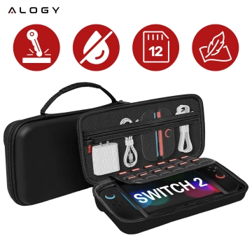 Pokrowiec Etui do Nintendo Switch 2 2025 Torba Ochronna Twarda EVA, Wodoodporna, Lekka, z Uchwytami i przegrodami akcesoria Alogy HardFoamBag™ – Czarna + 2X SZKŁO HARTOWANE