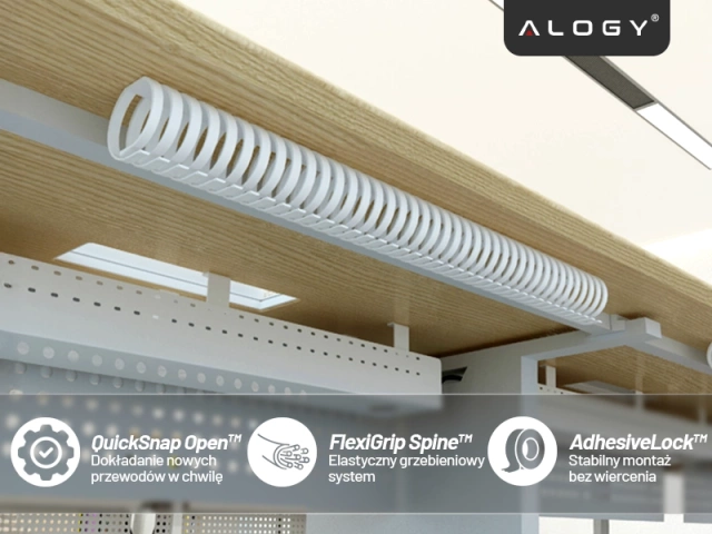 Federbelasteter Kabelorganizer für unter den Schreibtisch – Flexible Kabelmanagement-Abdeckung 50 x 4 cm, selbstklebend, zur Kabelorganisation – Alogy CableStrip™ Weiß