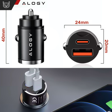 USB QC 4.0 nabíjačka do auta USB-C typ C PD 30 W Rýchly výkon pre telefón do auta Alogy Čierna