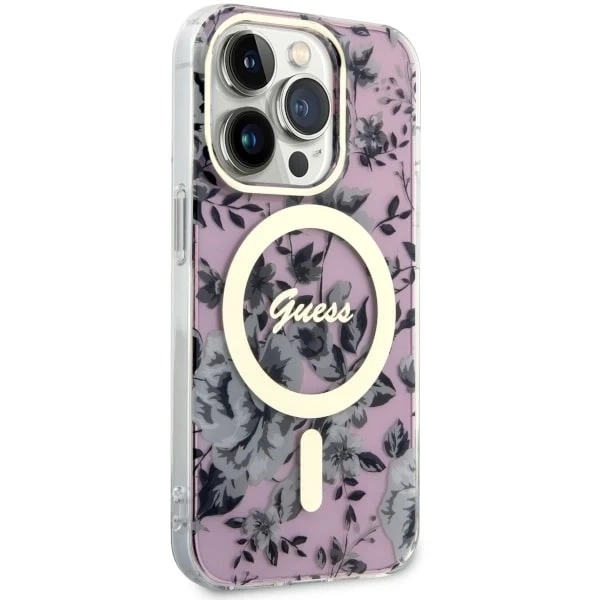 Guess GUHMP14XHCFWSP pouzdro na telefon pro Apple iPhone 14 Pro Max 6,7" růžové/růžové pevné pouzdro Flower MagSafe