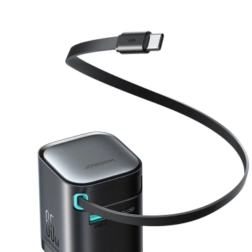 Joyroom JR-TCL02 65W USB-A USB-C GaN nabíjačka so vstavaným USB-C káblom – čierna
