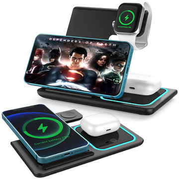 QI 15W 3in1 Induction Wireless Charger Foldable Alogy Docking Station for Apple iPhone / Watch / AirPods Black