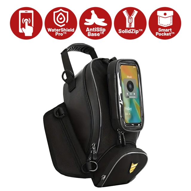 Motorcycle Bag with Detachable Phone Case, Waterproof Motorcycle Bag with Compartments and Tank Mount, Spacious and Durable, MotoRider™ – Black