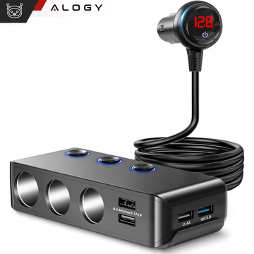 Cigarette lighter socket splitter x3 car 4x USB QC 12-24V Charger Adapter switch 120W Alogy Black