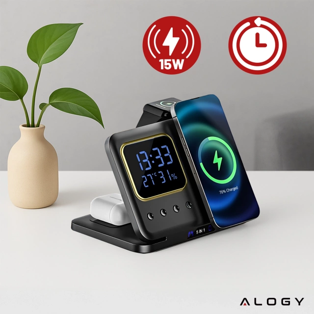 BEZDRÔTOVÁ RÝCHLONABÍJACIA STANICA 5 v 1 LED HODINY 15W USB-C do MagSafe pre Apple iPhone, hodinky AirPods s hodinami a vlhkomerom Čierna