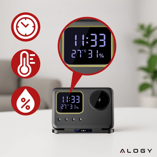 ŁADOWARKA INDUKCYJNA BEZPRZEWODOWA SZYBKA STACJA 5w1 ZEGAR LED 15W USB-C do MagSafe do Apple iPhone Watch AirPods z zegarem i higrometrem Czarna