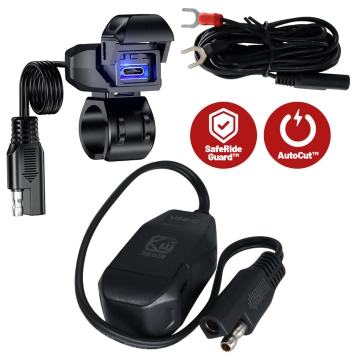 Motocyklová nabíječka Kewig USB-C 36W, rychlé nabíjení QC, vodotěsná IP65 s vypínačem a LED podsvícením, upevnění na řídítka, pro telefon, kameru, interkom – černá