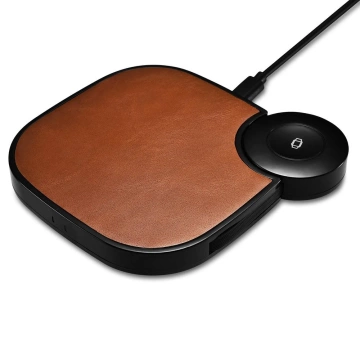 iCarer 2w1 skórzana bezprzewodowa ładowarka Qi 10W do telefonu i Apple Watch brązowy (IWXC005-BN)