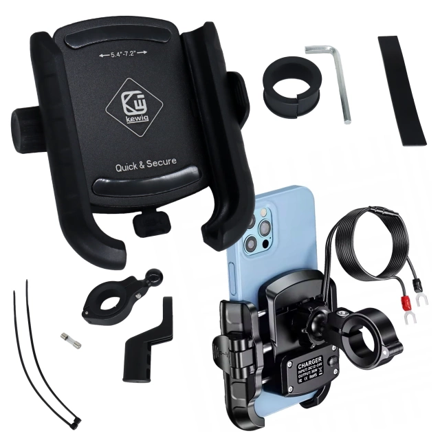 Kewig Motorcycle Phone Holder with Fast Charging 36W USB-C PD for Handlebar and Mirror, 360° Rotation, Compatible with Phones 5.4–7" - Black