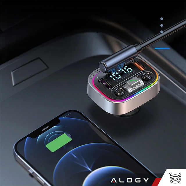 Bluetooth FM MP3 vysielač do auta Rýchla nabíjačka 2 x USB QC 3.0 USB-C C PD 20W LED RGB Alogy Car silver