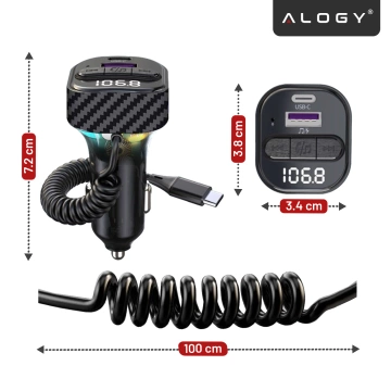 Bluetooth 5.3 FM vysielač s PD 30W QC3.0 nabíjačkou do auta, pružinovým káblom USB-C, podporou pre USB kľúče, 7-farebným LED podsvietením – Alogy CarTune™ čierny