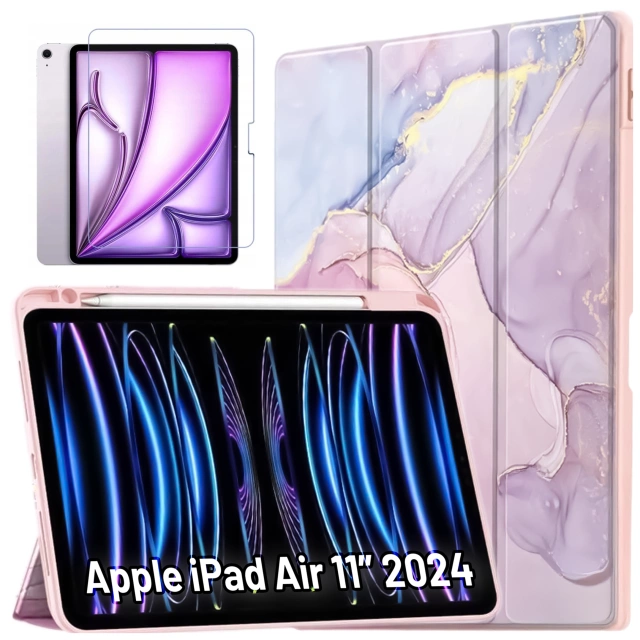 Etui hybrydowe z miejscem na rysik do Apple iPad Air 11" (2024,2025) / Air 10.9" (2020,2022) / Pro 11 (2018) Alogy Hybrid Book Cover Case Marble Różowe + Szkło