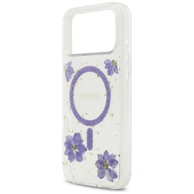 Etui Guess Resin Flowers Glitter MagSafe na iPhone 17 Pro Max - Fioletowe