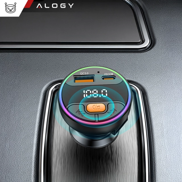 Transmiter samochodowy z Ładowarką Alogy PowerTune USB-A USB-C szybkie ładowanie PowerDelivery PD30W Quick Charge QC3.0 Czarny