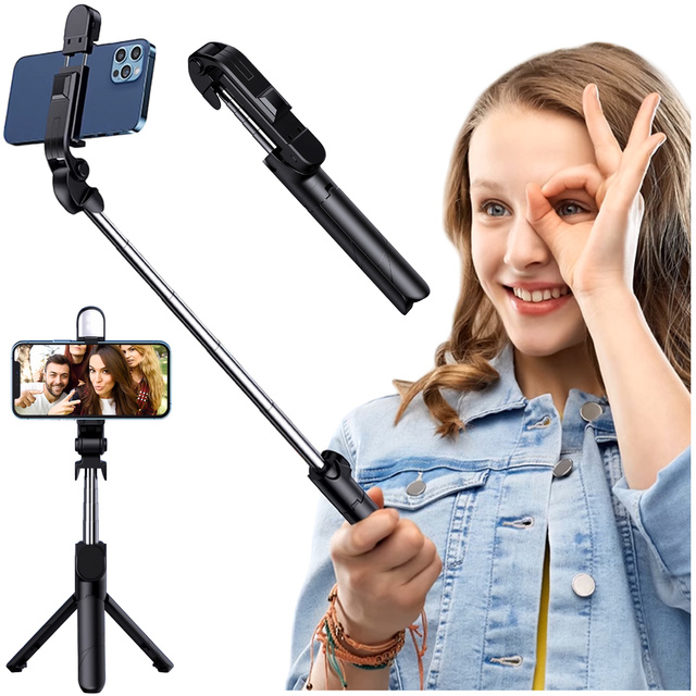 Držák Alogy Wireless Selfie Stick Bluetooth skládací stativ Mini telefon stativ s LED lampou