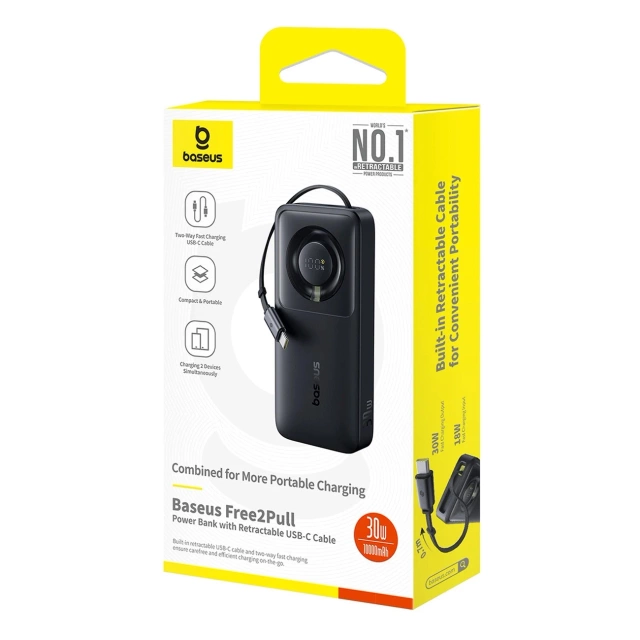Powerbanka Baseus Free2Pull 10000mAh 30W s portom USB-C a zasúvacím káblom USB-C – čierna