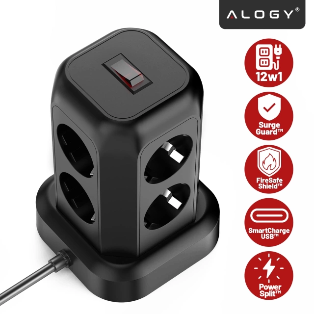 Przedłużacz 12w1 Rozdzielacz wieża ładująca Alogy ChargeTower Pro 2500W 8x gniazdo ładujące 3x USB.A 1x USB.C kabel 1.8m Czarny