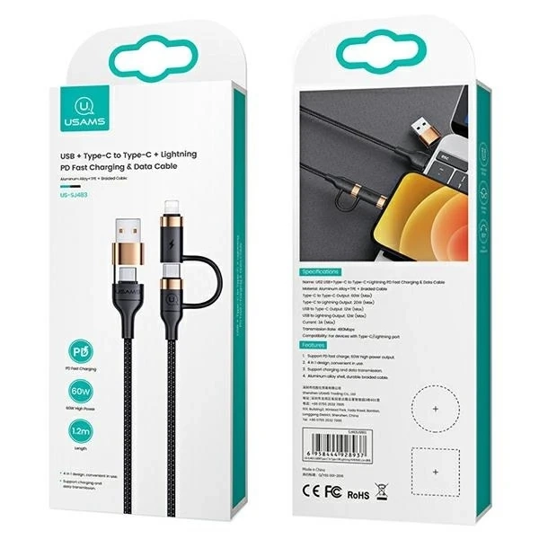 USAMS Pletený kabel U62 2xUSB-C/USB-A /lightning 1,2m PD Fast Charge černý