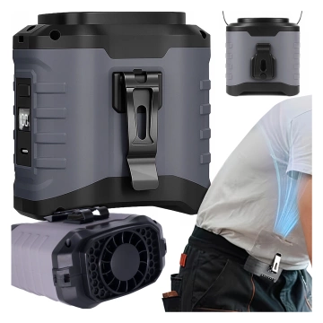 Ventilátor s klipom na opasok, batéria 4000 mAh, 5 rýchlostných stupňov, výdrž batérie 8 – 40 hodín, nabíjanie cez USB, na použitie na stavbách, vonku, na turistiku, na letné práce, powerbanka