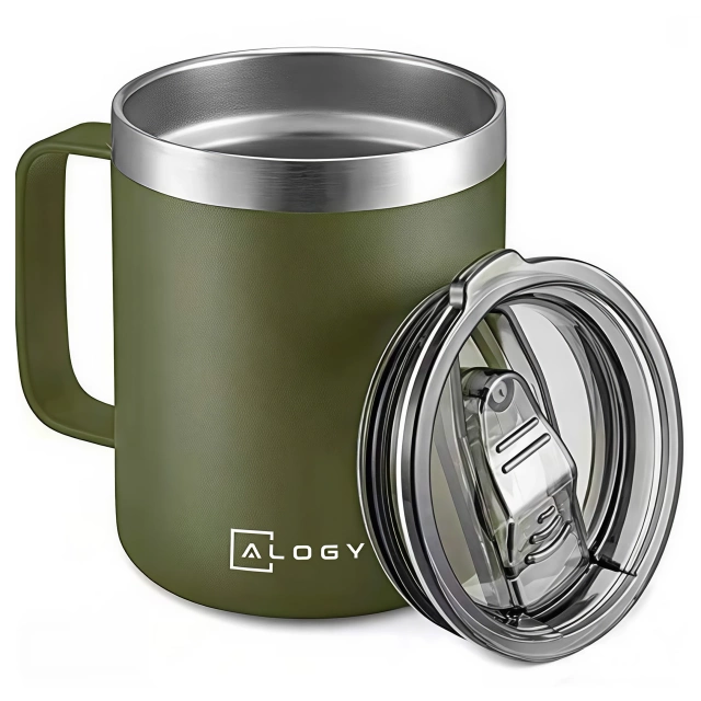 Thermal mug 420 ml with handle and lid for coffee, tea, steel, cold and hot drinks Alogy Green
