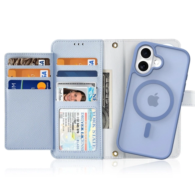 Dux Ducis Lawa iPhone 16 Leather Case with Blue MagSafe Wallet