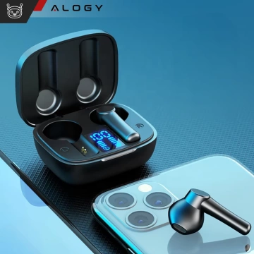 Alogy TWS Bluetooth 5.0 LED-Kopfhörer mit IPX5-Ladecase, Powerbank und USB-C-Anschluss, Schwarz