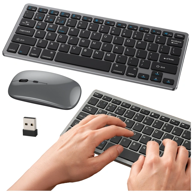 Zestaw bezprzewodowy klawiatura + mysz – Bluetooth i USB 2.4 GHz, cicha praca, smukły i ergonomiczny design, Plug & Play, do biura i Home Office – Alogy KeyMouse™