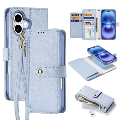 Dux Ducis Lawa iPhone 16 Leather Case with Blue MagSafe Wallet