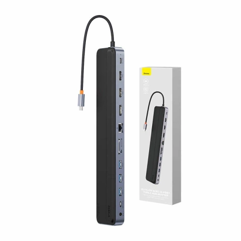 Hub 12in1 Baseus EliteJoy Gen2-Serie USB-C zu 2xHDMI 3xUSB 3.0 PD DP SD/TF RJ45 Typ-C 3,5 mm (dunkelgrau)